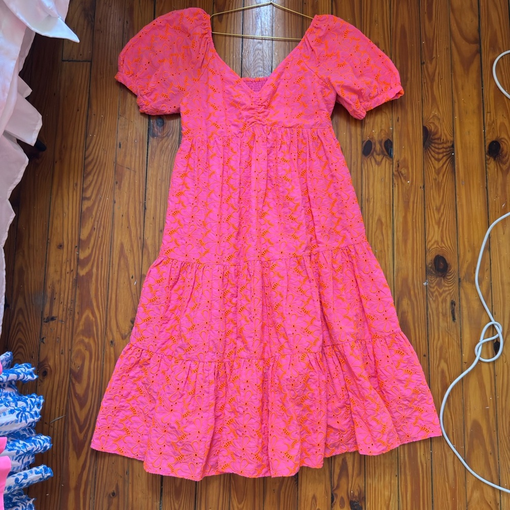 Vibrant Pink and Orange Eyelet Dress